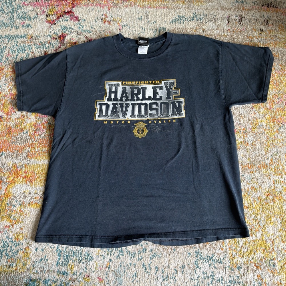 Vintage Y2K Harley Davidson Firefighter Graphic T-Shirt Black Mens XL